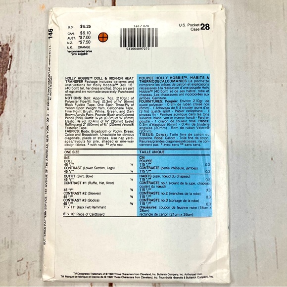 Butterick Holly Hobbie #146 Patterns Vintage 1990 One Size DIY - Picture 2 of 12